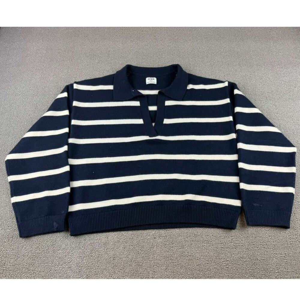 Cotton On Lux Collared Polo‎ Sweater Women S Navy White Stripe Cropped Preppy